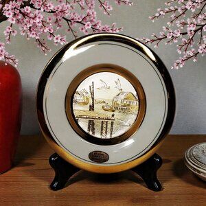 Elegant Gold and White Mini Plate Showcasing Tranquil Lakeside Landscape